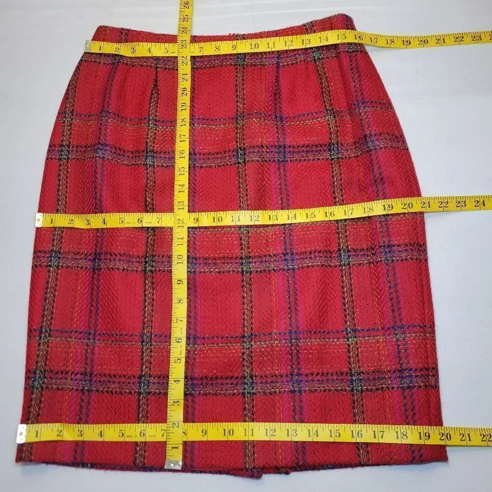 Ellen Tracy Red Plaid Blazer Double Breasted Gold Buttons Skirt Suit Set Tweed